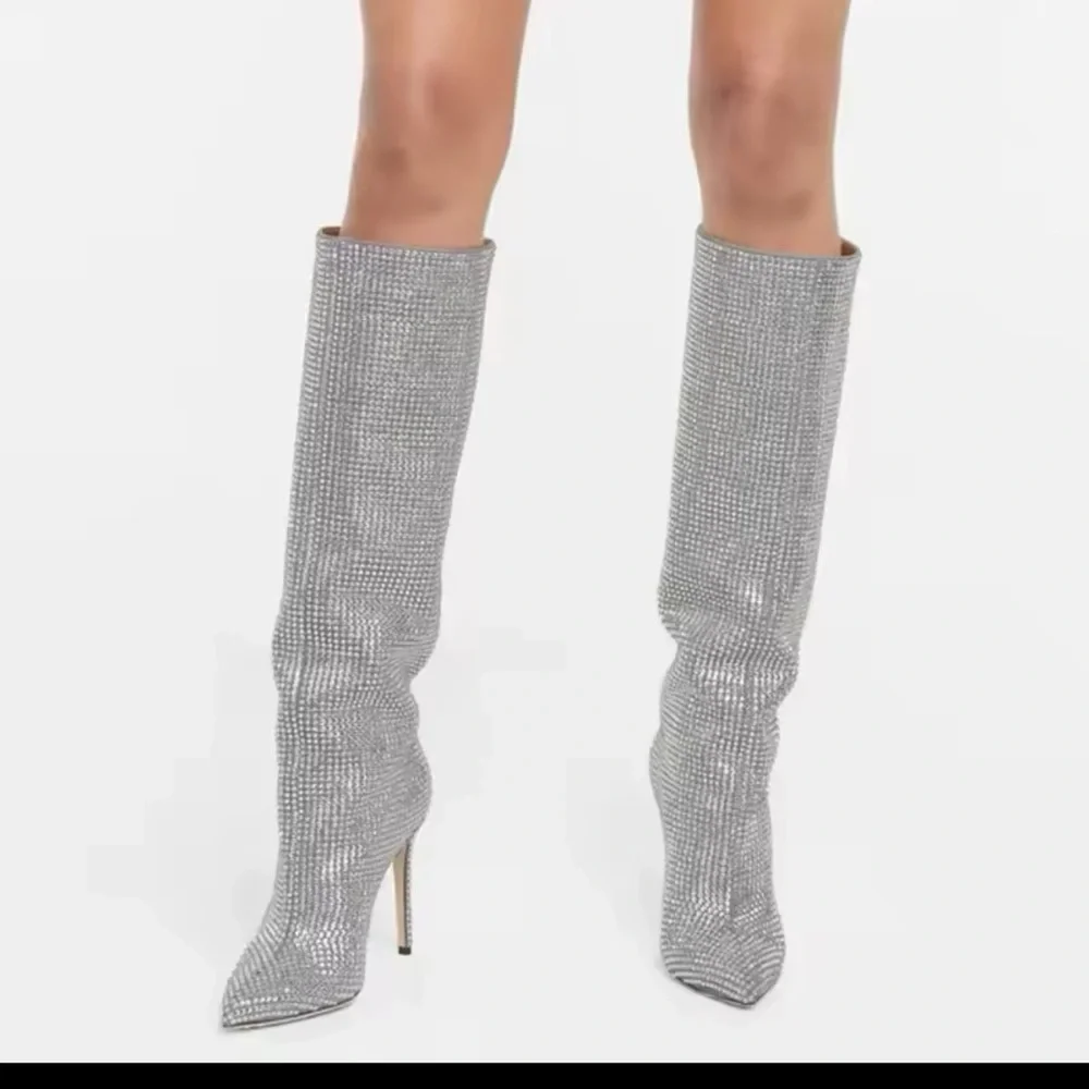 Silver Rhinestone Stiletto Women's Knee-High Boots - Picture 3 of 14